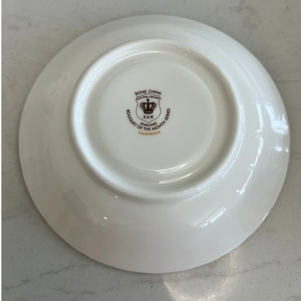 E&R Golden Crown Bone China October Bouquet of the Month Series Cup & Saucer Vtg
